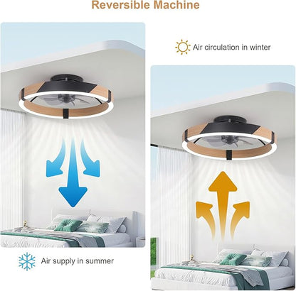Garwarm 20IN Low Profile Ceiling Fans with Lights and Remote, 30W Fandelier Ceiling Fan Flush Mount,3000K-6500K Dimmable Bladeless LED Fan Light for Bedroom Kitchen Living Room Dining Room