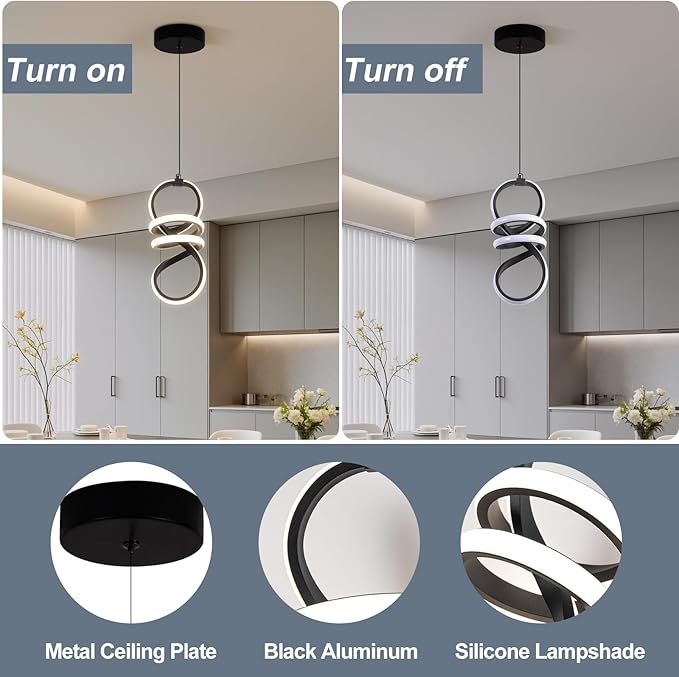 EIDISUNY Modern Led Pendant Light Fixture, 15W Black Spiral Pendant Light Kitchen Island, 4500K Daylight White Pendant Lamp, Adjustable Height Chandelier for Kitchen Dining Room Bedroom (3 Packs)