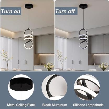 EIDISUNY Modern Led Pendant Light Fixture, 15W Black Spiral Pendant Light Kitchen Island, 4500K Daylight White Pendant Lamp, Adjustable Height Chandelier for Kitchen Dining Room Bedroom (3 Packs)