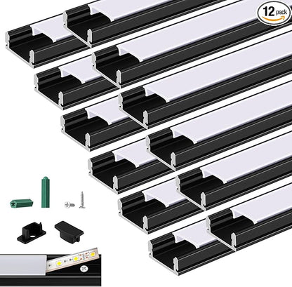 Glooglitter 12 Pack 3.3ft Pre-drilled Countersunk Hole LED Channel Diffuser U Light Strip Aluminum Track with Cover Screw End Cap Easy Cut Tight Flush Mounted Cabinet Tape Light Strip(Black)
