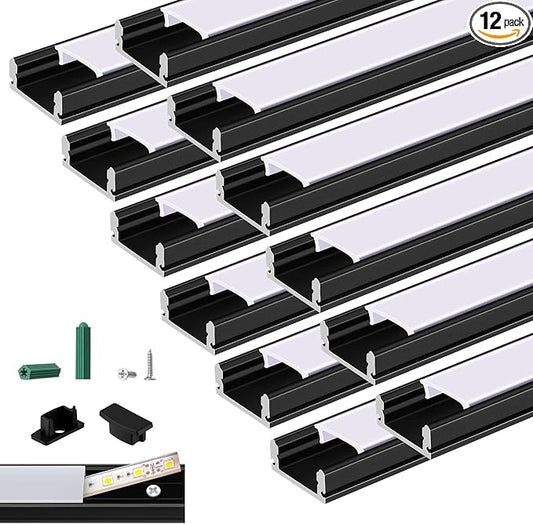 Glooglitter 12 Pack 3.3ft Pre-drilled Countersunk Hole LED Channel Diffuser U Light Strip Aluminum Track with Cover Screw End Cap Easy Cut Tight Flush Mounted Cabinet Tape Light Strip(Black)