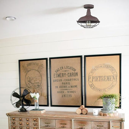 DAYCENT Rustic Semi Flush Mount Ceiling Light Barn Style Light Fixture Farmhouse Metal Cage Ceiling Light 1-Light Industrial Wire Caged Flush Mount Barn Light Rust Finish for Hallway Foyer Kitchen