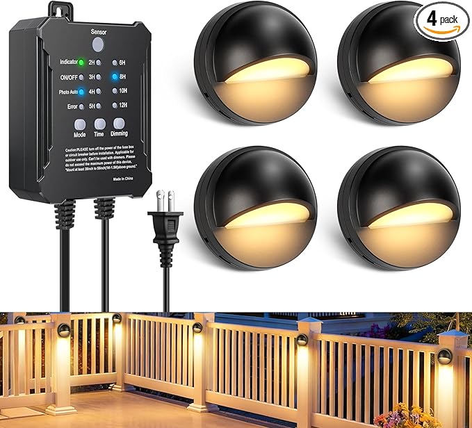 Low Voltage LED Deck Lights Kit with Transformer, Dusk-to-Dawn Outdoor Step Lights Waterproof IP67, Warm White, Dimmable Surface-Mount Landscape Lighting for Stairs, Deck, Patio, Railing (4 Pack)