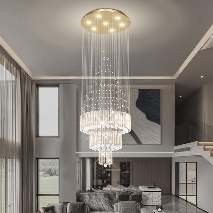 Flashing God D24''XH86'' Modern Foyer Chandelier for High Ceiling Raindrop Crystal Chandelier High Ceiling Pendant Light Fixture for Hallway Living Room (Gold Staircase Chandeliers)