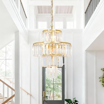 Gold Crystal Chandelier, 7-Light 4 Tiers 13.77" Crystal Light, Adjustable Hanging Metal Ceiling Lighting Fixture, Modern Foyer Dining Room Chandeliers for Bedroom,Hallway,Kitchen