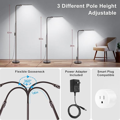 Floor Lamp, 18W/2000LM Bright LED Floor Lamp with Double Head, Adjustable Gooseneck Dimmable Craft Light for Sewing Tatoo Makeup, Eye Caring Brown Reading Floor Lamps for Living Room Bedroom Office