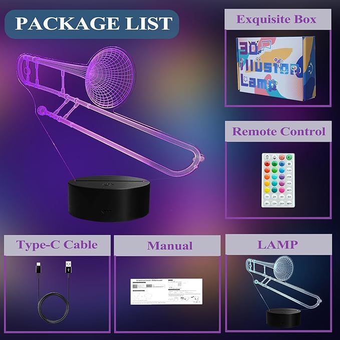 Trombone Night Light, Trombone Gifts, 3D Illusion Lamp with Remote Control, 16 RGB Colors, 4 Flashing Modes, Timer, Dimmable, Trombone Accessories for Decor for Holiday Birthday Christmas