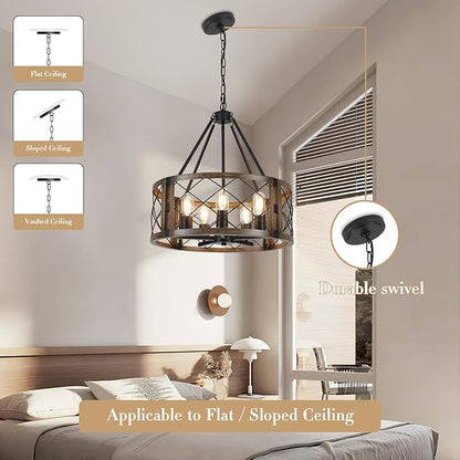 5-Light Farmhouse Chandelier 19.8" Black and Brown Rustic Chandelier for Dining Room Wood Texture Adjustable Pendant Light Fixture for Kitchen Island Entryway Bedroom Hallway