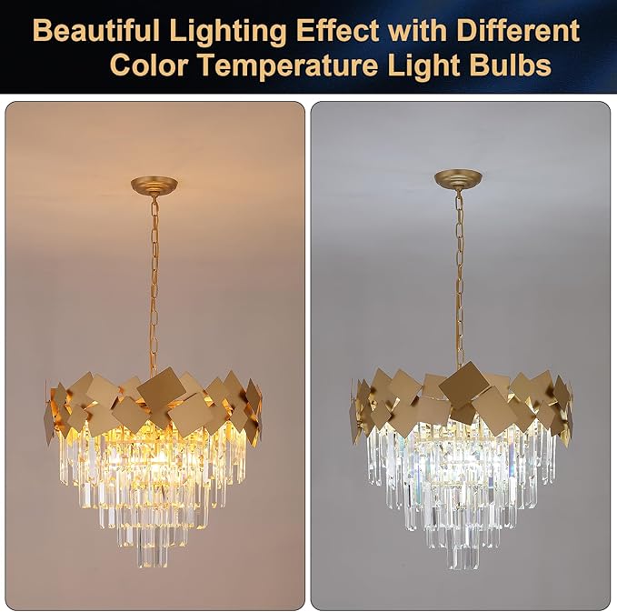 Modern Crystal Chandeliers Dining Room Chandelier over Table Gold Crystal Ceiling Pendant Light 24'' Chandelier k9 Luxury Hanging Lamp Fixtures Round Chandelier for Entryway Foyer Dining Room Bedroom
