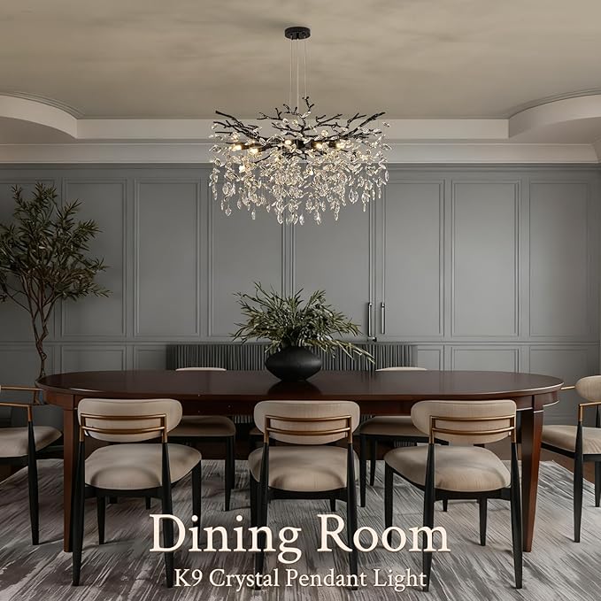 Benkut Black Tree Branch Crystal Chandelier 31.5" Modern Crystal Raindrop Chandeliers 10-Light Luxury Brach Chandelier for Dining Room Kitchen Bedroom Living Room