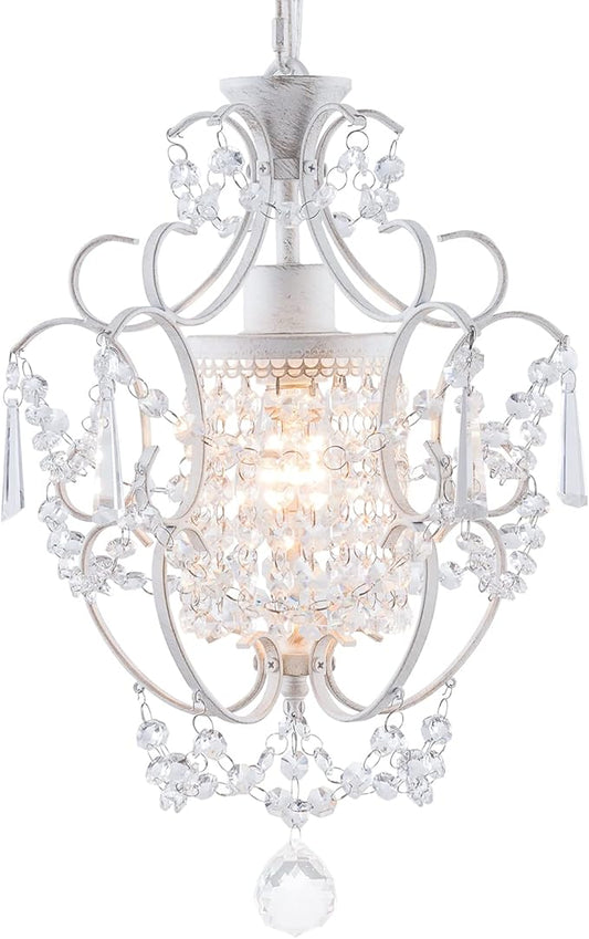 Modern Mini Chandelier,White Retro Crystal Light Fixtures Ceiling Mount 1 Light Small Crystal Chandeliers for Bedroom Elegant Hanging Lighting for Girls Room Dining Room Closet Kitchen Island