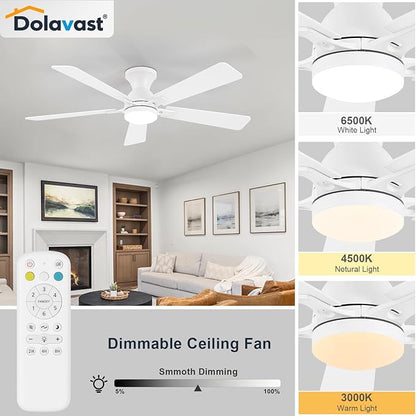 Ceiling Fans with Lights and Remote, 52 Inch White Ceiling Fan with Light, Low Profile Reversible Fandelier Ceiling Fan, Dimmable LED, Flush Mount, Quiet DC Motor, for Bedroom Kitchen