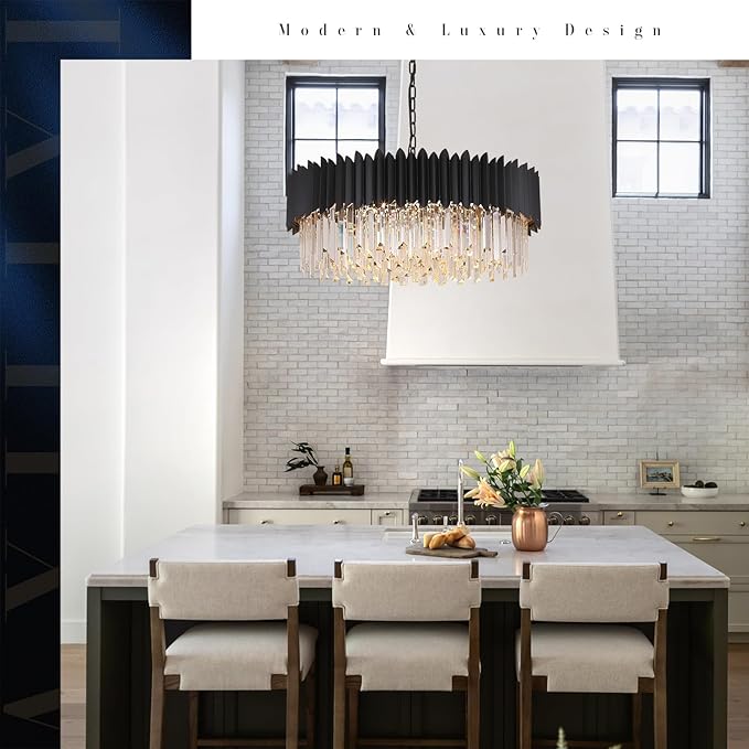 Large Crystal Chandelier Modern Black Chandelier for High Ceiling 12 Lights Large Staircase Lighr Round Pendant Light Fixture Hanging Ceiling Light for Dining Room Living Room Entryway Foyer