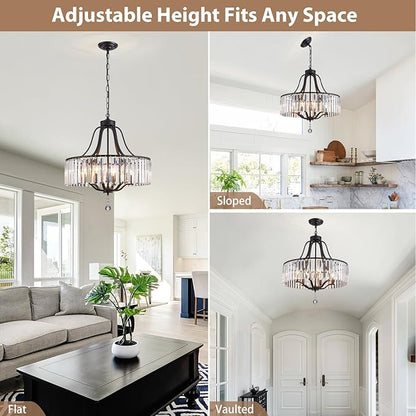 Modern Crystal Chandeliers Round 6-Light Large Black Pendant Lighting Fixture for Dining Room Living Room Kitchen Island Bedroom Hallway Hall Foyer 21.7" Adjustable Height Hanging Lamp