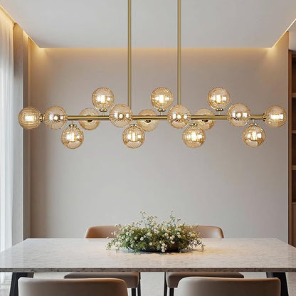 55" Long Brass Gold Chandeliers for Dining Room Kitchen Island, Large Globe Sputnik Linear Chandelier, 16 Lights Mid Century Modern Light Fixture Over Table, Amber Bubble, GC-08