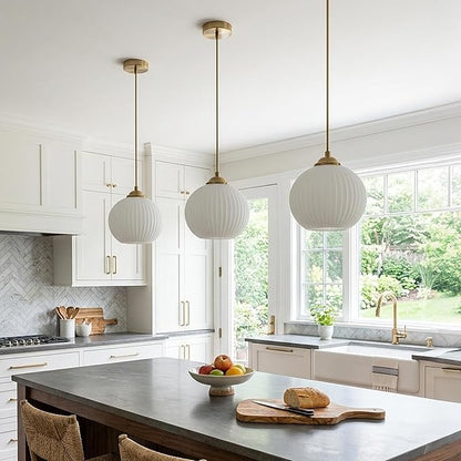 KCO Lighting Mid Century 1-Light Globe Pendant Light Industrial Vintage Brass Gold Pendant Lighting Fixture Kitchen Island Adjustable White Glass Hanging Ceiling Lights