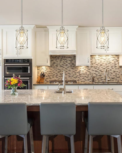 Brushed Nickel Pendant Lights Kitchen Island 3 Pack, Glass Kitchen Pendant Lighting Over Island with Rod, Modern Mini Hanging Light for Kitchen Sink Dining Room, CH9176BN-3PK