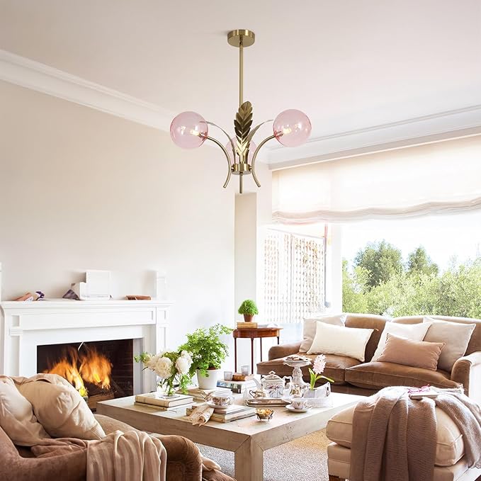 BOKT Pink Gold Sputnik Semi Flush Mount Ceiling Pendant Light Antique Globe Vintage Mid Century Modern Glass Chandelier for Dining Room Bedroom Kitchen Hallway G9 Bulb Included