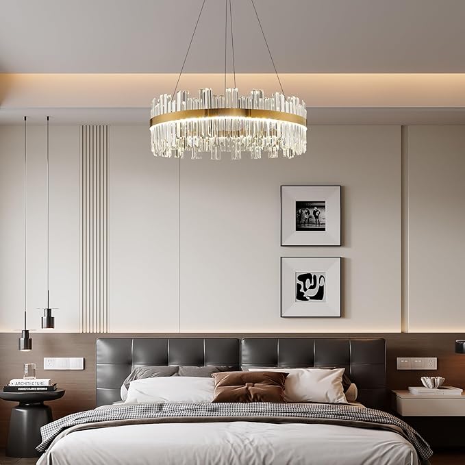 Gold Modern Crystal Led Chandelier: 23.6" Dimmable K9 Crystals Chandeliers over Table - Golden Luxury Glass Round Chandelier - Height Adjustable Drum Chandelier with Remote for Dining Room Living Room