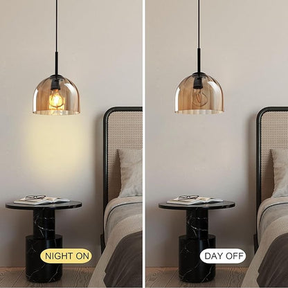 Modern Amber Glass Pendant Lights, Nordic Boho Dome Chandelier, 7.86" Bell Lamp Shape Hanging Ceiling Lighting Fixtures Kitchen Island Dining Room Table, Vintage Lampshade