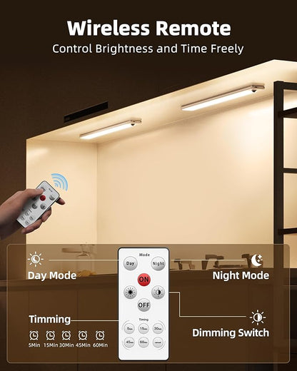 EZVALO Under Cabinet Lights,14.5'' Motion Sensor Light Indoor Dimmable, Super Bright 4000mAh Rechargeable Closet Lights 3500K with Remote Control, Wireless Under Counter Light for Kitchen,Cabinet