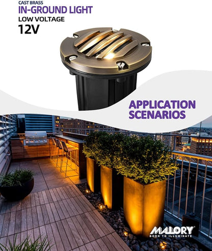 MALORY Brass Top Cover Landscape Well Lights,(5''H) 12V Low Voltage Outdoor In Ground Lights,Landscape Lighting for Pathway, Driveway and Garden 10 Pack with MR16 Bulb (Grated Top, 10-Pack with Bulb)