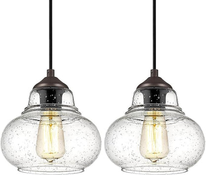 ELYONA 2 Pack Bubble Glass Pendant Lights, 8 Inch Vintage Hanging Lamp Seeded Glass Industrial Pendant Light Fixtures for Kitchen Island, Farmhouse, Bar, Bathroom, Dining Room, Oil Rubbed Bronze