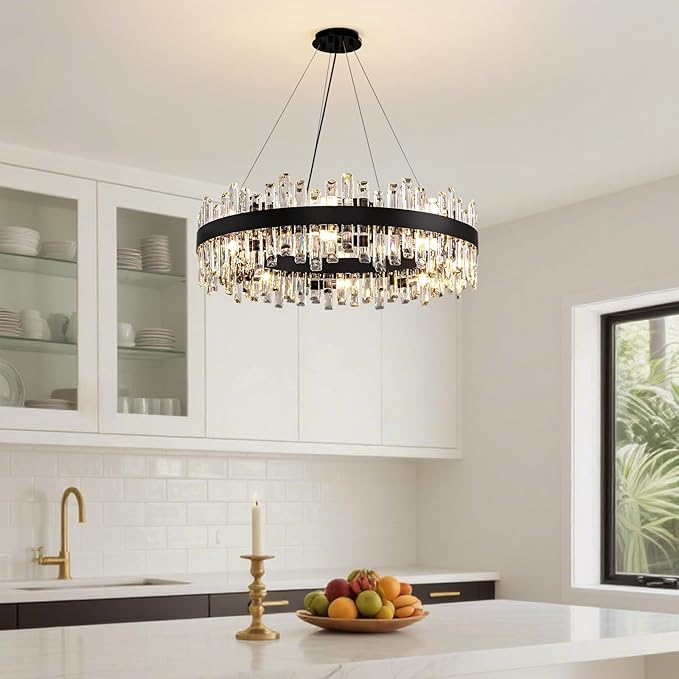 Modern Crystal Chandelier 16-Light Black Round 2 Tiers Raindrop Chandelier for Dining Room Luxury Large Flush Mount Ceiling Light for Living Room Entryway Foyer Bedroom D31.5''
