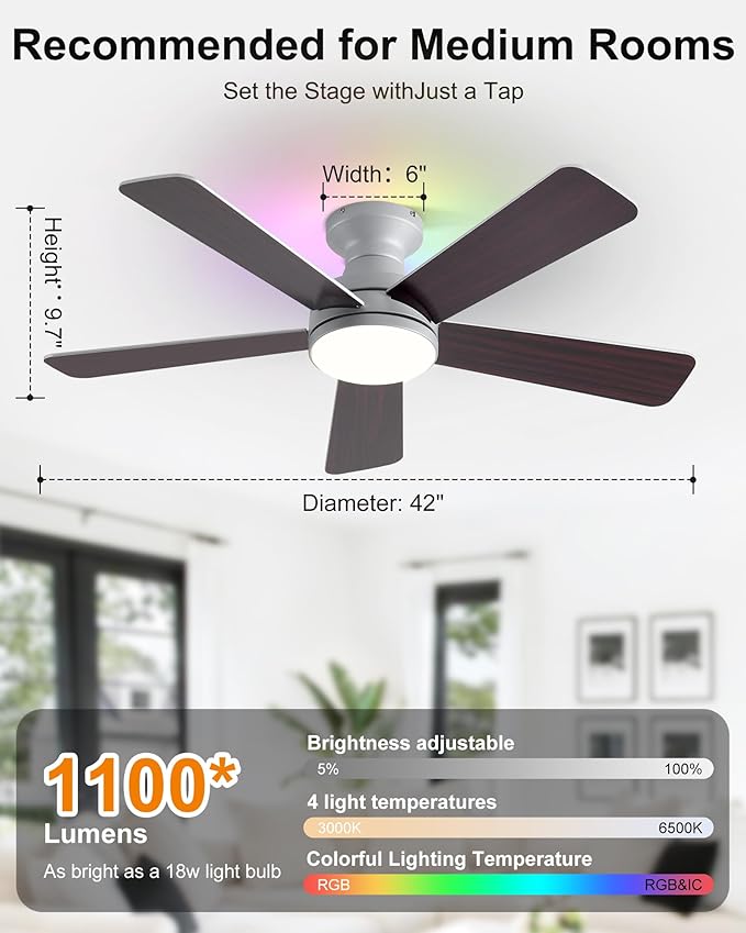 42 Inch Ceiling Fans with Lights, Smart Ceiling Fan with Alexa Google App, Silver Ceiling Fan with RGB Lights Remote, 6 Speeds Reversible DC Motor, Modern Flush Mount for Bedroom Living Room
