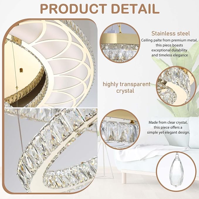Flashing God Dia 32" Modern Crystal Chandeliers Dimmable Round Chandelier 3 Rings Flush Mount Crystal Ceiling Light for Living Room Dining Room Bedroom Gold