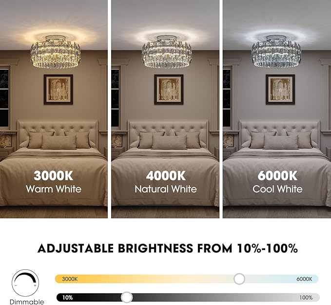 Crystal Ceiling Fan with Lights, Modern Chandelier Ceiling Fan with Remote, 6-Speed Wind, Dimmable LED, 20” Low Profile Ceiling Fan for Bedroom Dining Room Living Room