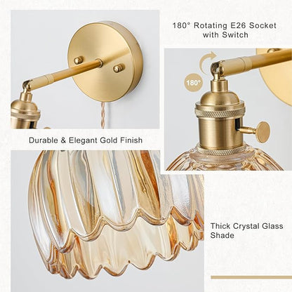 Plug in Wall Sconces Set of 2, Vintage Wall Sconce Light with Tulip Amber Glass Lampshade, Bedroom Wall Sconce with Switch and Plug in wall lamp Cord, Gold Wall Light Wall Decor Set of 2