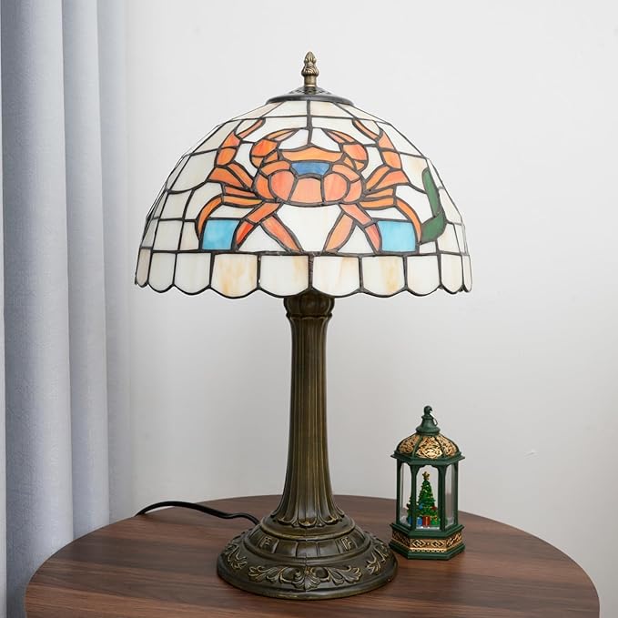Tiffany Style Table Lamp with Orange Crab Stained Glass Lamp 12 Inch Retro Bronze Base Bedside Lamp Bedroom，Living Room, Bar,Cafe,Restaurant Hotel Art Nouveau Style Decorative Ambient Light