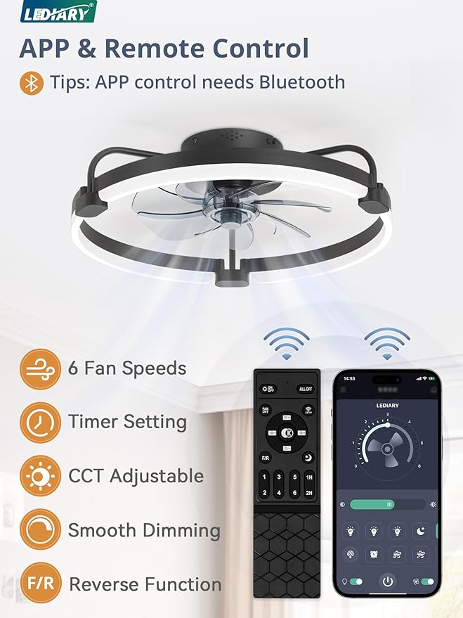 LEDIARY Ceiling Fans with Lights and Remote, 20'' Low Profile Ceiling Fan with Light, 3000-6000K Dimmable Fandelier LED Fan Light, 6 Wind Speeds, Black Modern Flush Mount Ceiling Fan for Bedroom