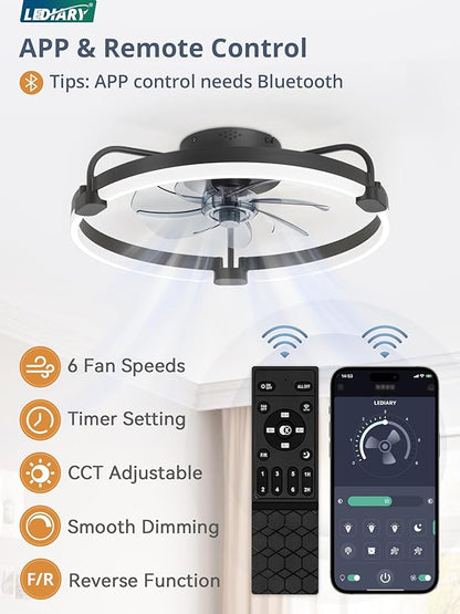 LEDIARY Ceiling Fans with Lights and Remote, 20'' Low Profile Ceiling Fan with Light, 3000-6000K Dimmable Fandelier LED Fan Light, 6 Wind Speeds, Black Modern Flush Mount Ceiling Fan for Bedroom