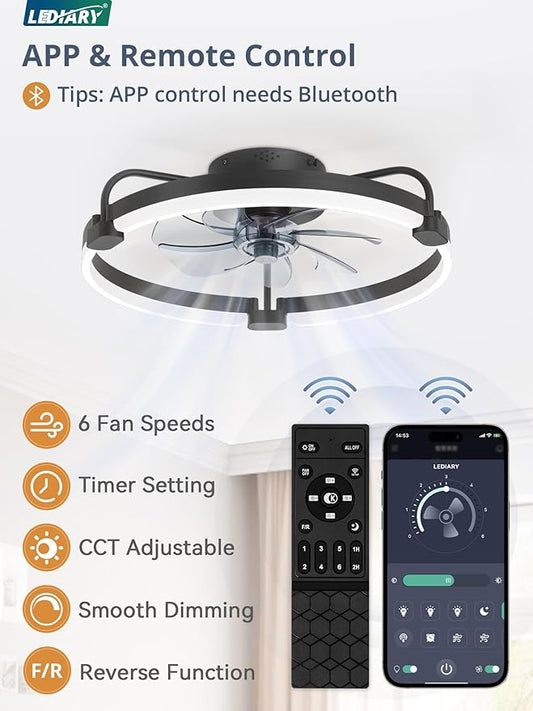 LEDIARY 2 Pack Ceiling Fans with Lights and Remote, 20'' Low Profile Ceiling Fan with Light, 3000-6000K Dimmable Fandelier LED Fan Light, 6 Wind Speeds, Black Flush Mount Ceiling Fan for Bedroom