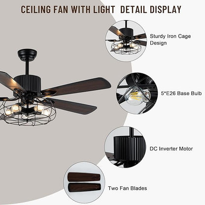 52" Farmhouse Ceiling Fans with Lights and Remote,Industrial Caged Rustic Retro Chandelier Ceiling Fan with Reversible Motor,5 Double Colour Blades for Dining Room Living Room Bedroom