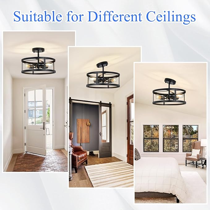 SKEJAO Semi Ceiling Light Fixture,3-Light Black Flush Mount Ceiling Light,13 Inch Hallway Light fixtures Ceiling,Light Fixtures Ceiling Mount for Farmhouse,Kitchen (2, 13.1 inch)
