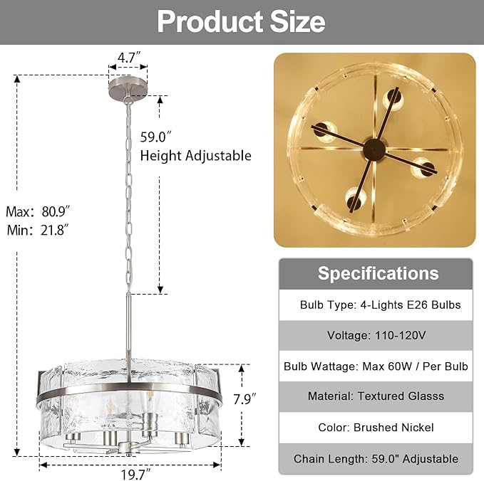 Modern Drum Chandeliers for Dining Room,19.7" Water Ripple Glass Chandelier Over Table Brushed Nickel Crystal Pendant Light Fixtures for Hight Ceiling Living Room Entryway Bedroom Kitchen,E26