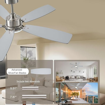 NKPU Ceiling Fans with Lights, 52 Inch Low Profile Ceiling Fan with Light and Remote Control, 2 Downrods, DC Reversible Motor, Dimmable LED Ceiling Fans for Bedroom,Indoor/Outdoor Patio Use（Nickel）