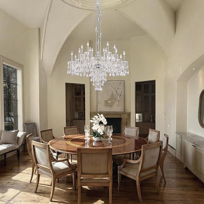 18-Light Crystal Candle Chandelier, Chrome Chandelier for Foyer, Staircase & High Ceiling Living Room, Adjustable Height, E12 Base