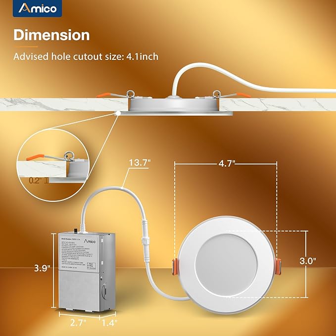 Amico 20 Pack 4 Inch 5CCT LED Recessed Ceiling Light with Night Light, 2700K/3000K/3500K/4000K/5000K Selectable Ultra-Thin Recessed Lighting, 10W=90W, 700LM, Dimmable Canless Wafer Downlight - ETL&FCC