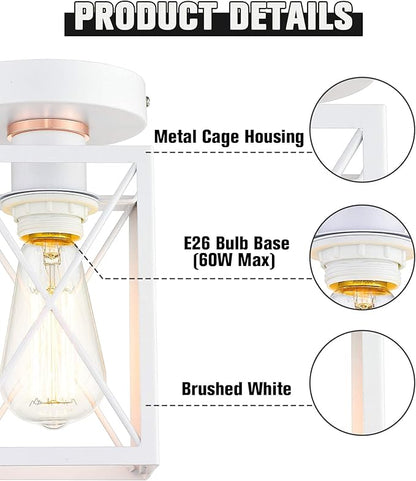 Ken & Ricky Hallway Flush Mount Ceiling Light,Cage Farmhouse Light Fixture Hardwired for Kitchen Over Sink,Bathroom,Laundry Room Entryway,Industrial Vintage Style,Single E26 Bulb（White,2PK）
