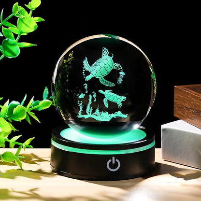 YWHL 3D Sea Turtles Crystal Ball Figurine with LED Base, Laser Sea Turtle Gifts for Women Men on Birthday Christmas, Glass Decorative Turtle Statue Ball Night Light for Home Decor (80mm)