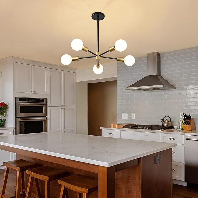 RUIYEY Modern Sputnik Light Fixture,Semi Flush Mount Ceiling Light Black and Gold Mid Century Chandeliers for Bedroom,Dining Room,Kitchen Island,Living Room,Bedroom,Farmhouse