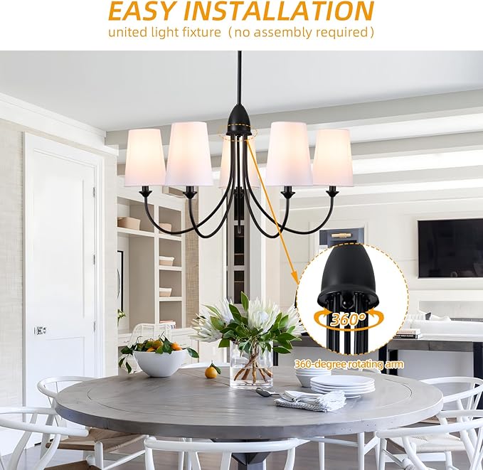 Black Chandelier,5-Light Vintage Farmhouse Chandeliers for Dining Room with White Fabric Shade,30" Modern Industral Chandelier Light Fixture for Bedroom Foyer Porch Living Room Kitchen entryway