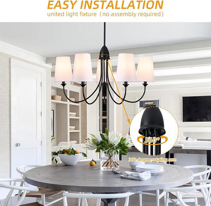 Black Chandelier,5-Light Vintage Farmhouse Chandeliers for Dining Room with White Fabric Shade,30" Modern Industral Chandelier Light Fixture for Bedroom Foyer Porch Living Room Kitchen entryway