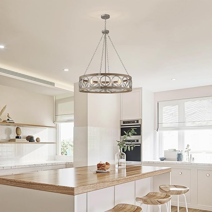 XINGQI 8-Light Modern Chandelier Large Round Drum Chandeliers for Dining Room 32.3" Rustic Pendant Brushed Nickel Light Fixture Over Table Farmhouse Metal Wood Grain Finish