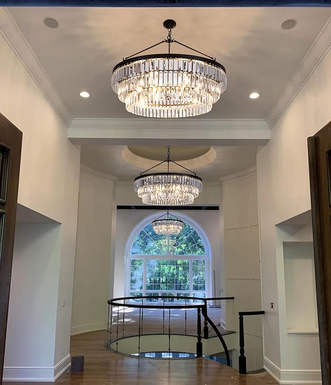 TOCHIC Farmhouse Crystal Chandelier, 29" Black Crystal Dining Living Room Chandelier Light Fixtures, Modern Foyer Chandelier Adjustable Round Hanging Chandeliers for Bedroom Kitchen Entryway Stairway