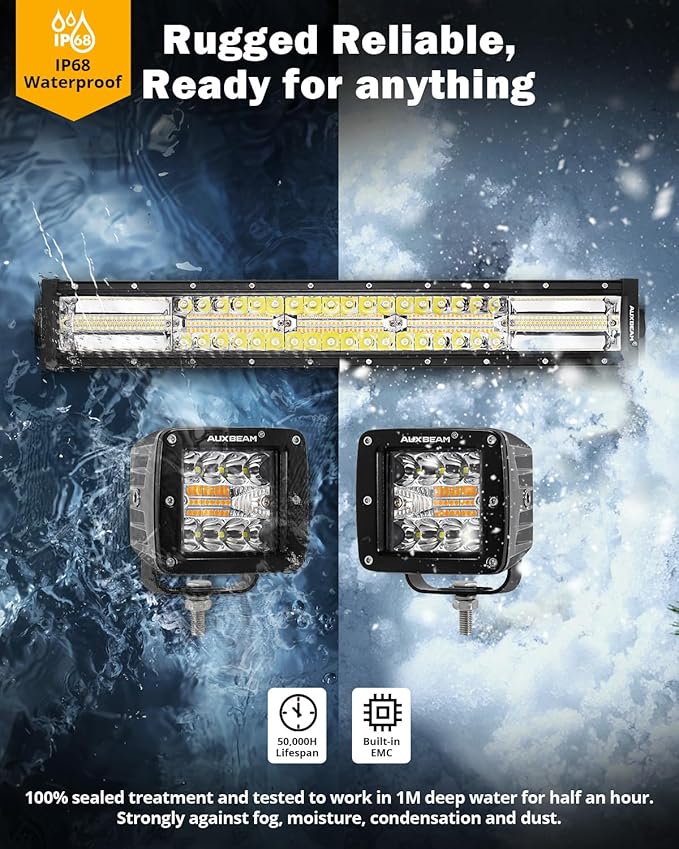 Auxbeam 6 Modes Amber White Series, 22" LED Light Bar with 3" LED Pods Combo Set, Dual Color Flashing Strobe Offroad Lights, Spot Flood Combo Cube Off Road Fog Lights, 3 Packs